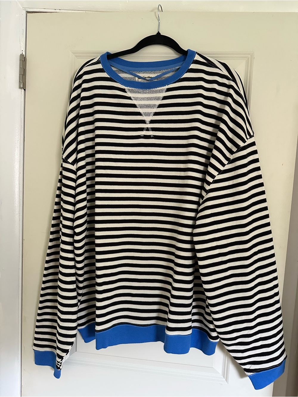 Free People Black & White Striped Long Sleeve Tee with Blue Trim